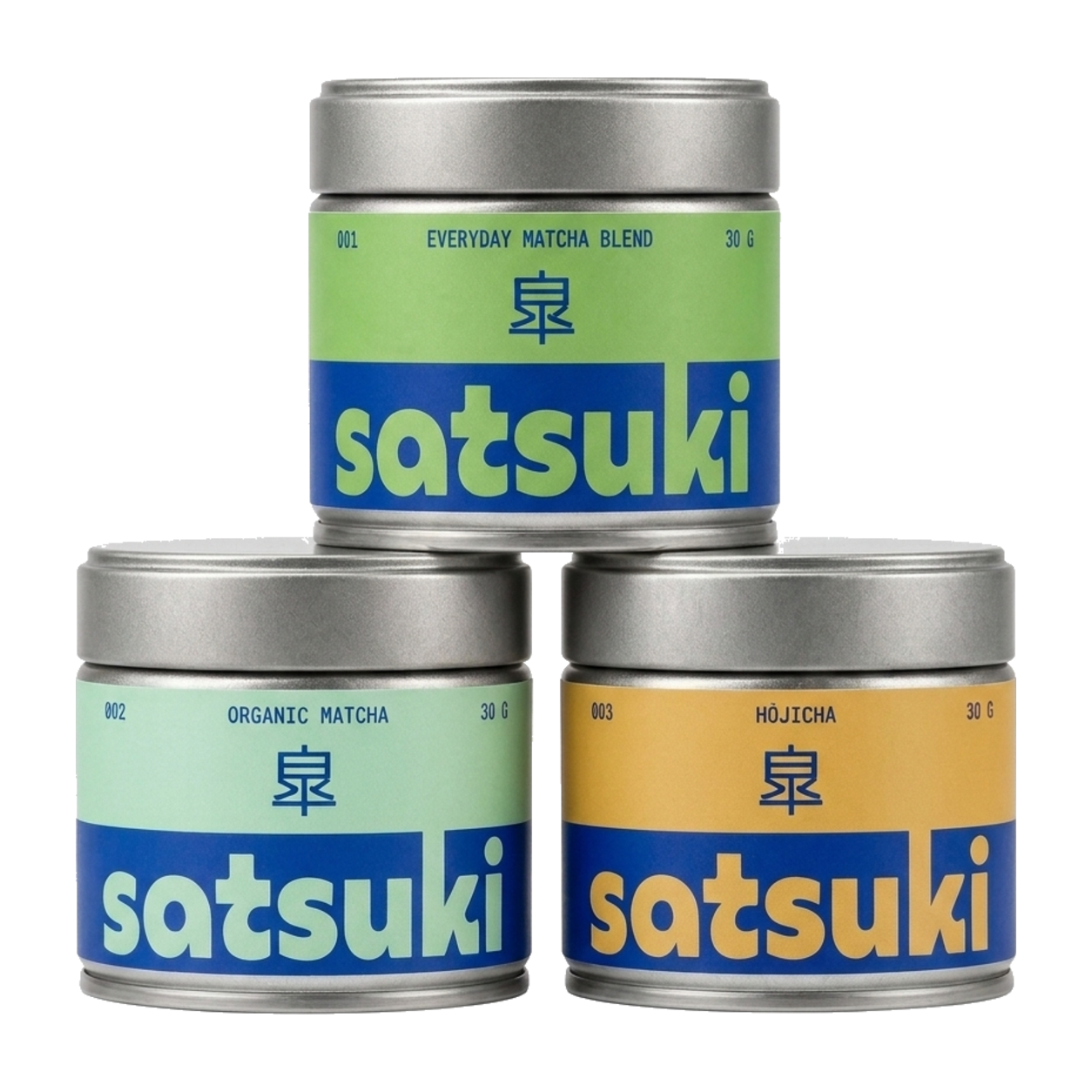 Satsuki Tasting Set – 3 × 30 g (Everyday, Organic, Hōjicha)
